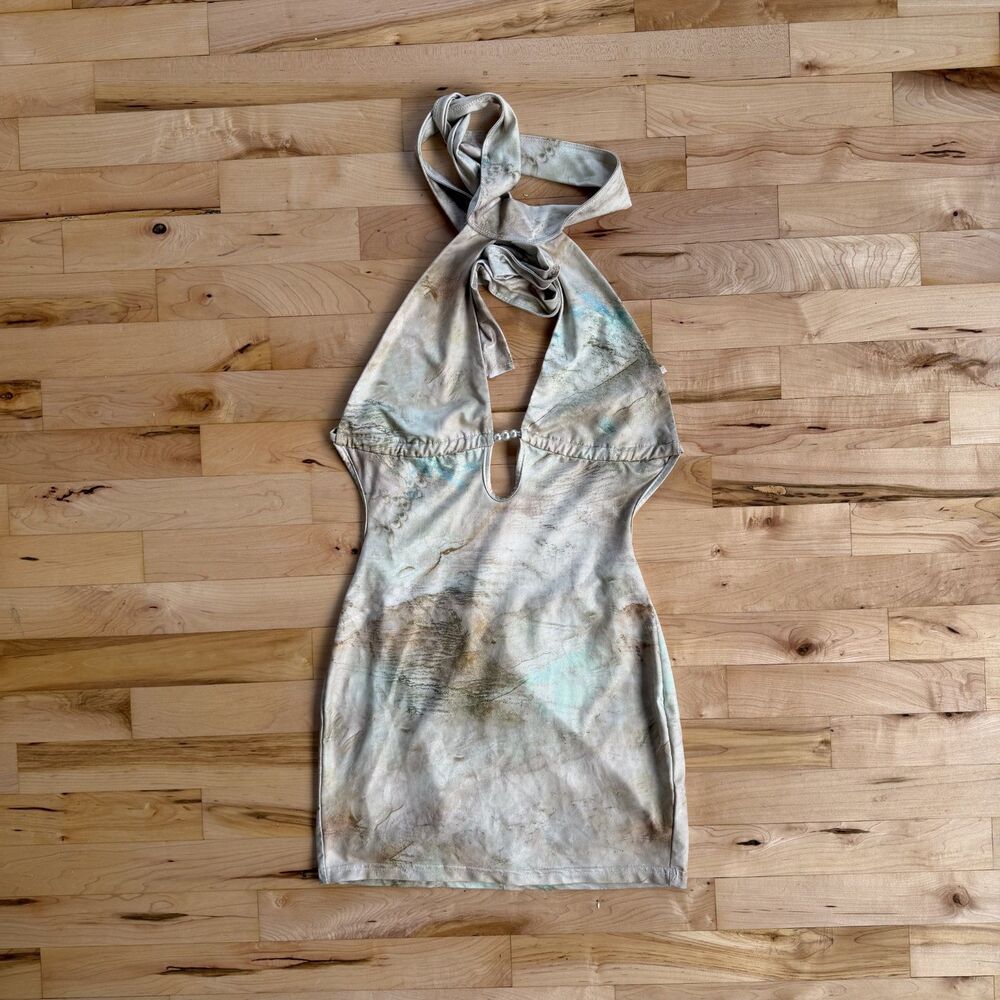 Y2K Abstract Satin Halter Mini Dress Pearl Detail
